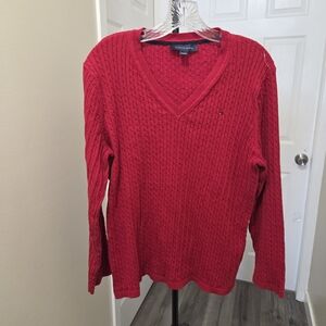 Tommy Hilfiger Cotton Blend Plus Size Red Cable Knit V-Neck Sweater